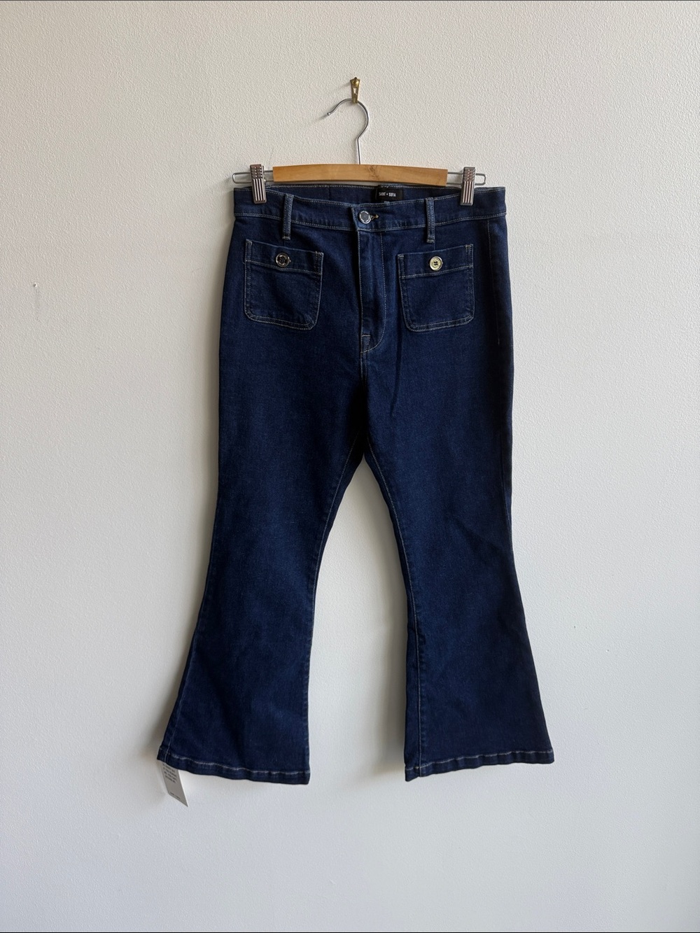 Dark Blue Flare Jeans with Front Patch Pockets